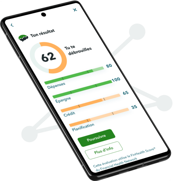 Téléphone affichant un exemple de résultat d'évaluation en santé financière.