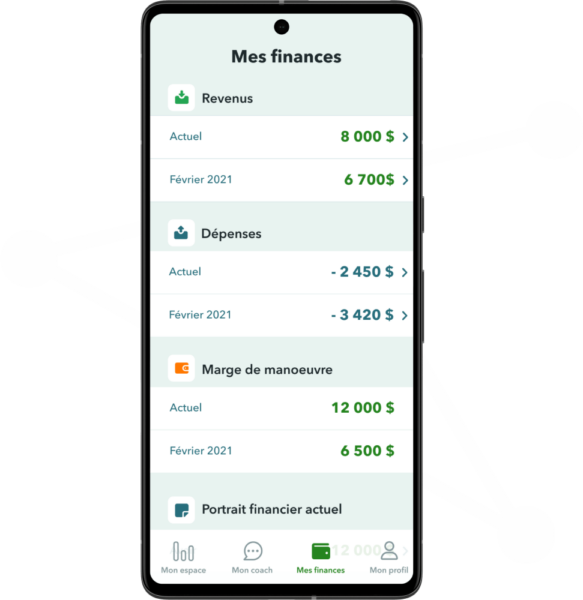 Téléphone affichant l'onglet mes finances avec toutes les données bancaires réeunies au meme endroit.
